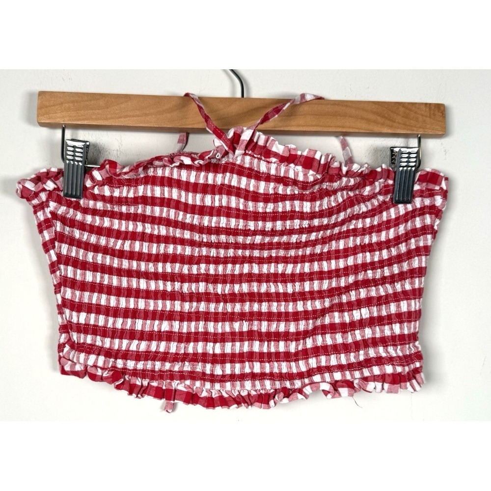 Cider Red White Gingham Smocked Halter Crop Top - Size‎ Med - Summer Boho Picnic